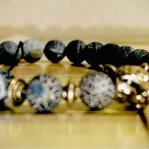 Leopard Charm, textured natural stone. Elegant Black and Gold Beaded Bracelet